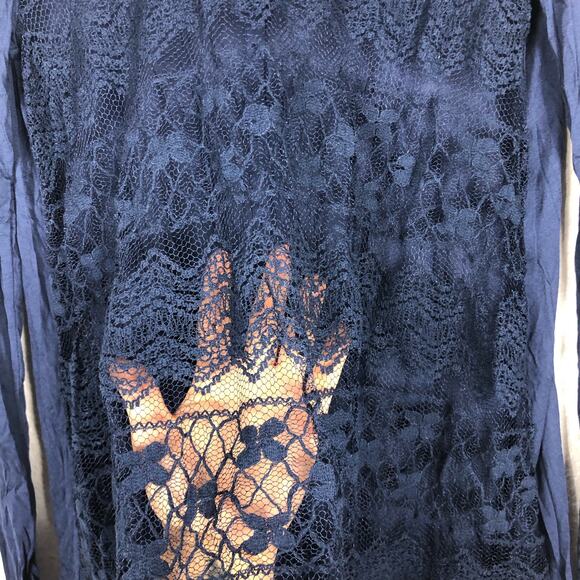 Free People Easy Breezy Jersey Lace Back Tee Smal Navy Blue Long Sleeve - Picture 11 of 13